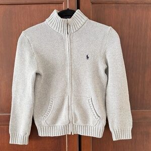 Ralph Lauren Kids Light Gray Full-Zip Knit Sweater with Logo